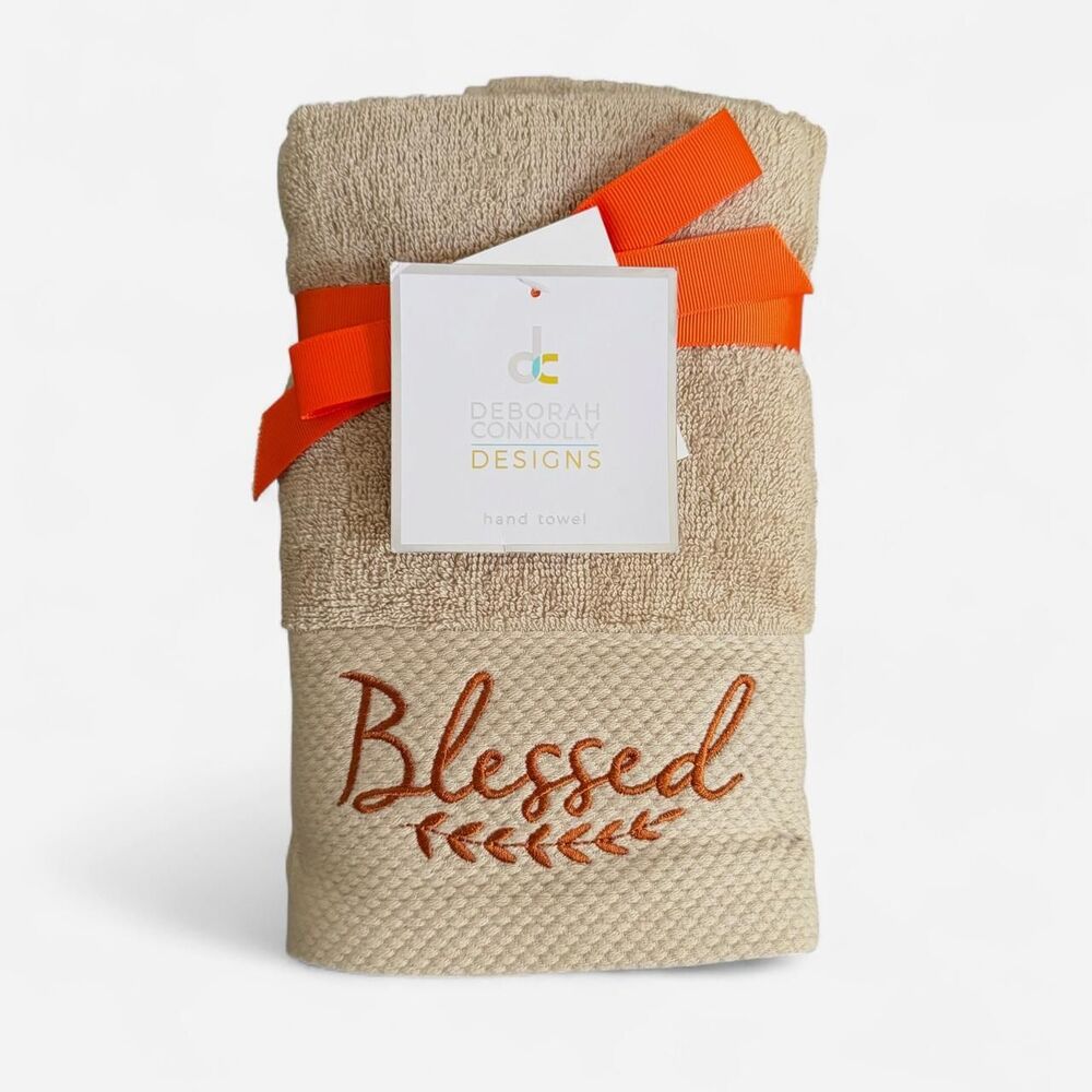 Deborah Connolly Tan Hand Towel w/Blessed Embroidery Fall Gift Kitchen Bathroom
